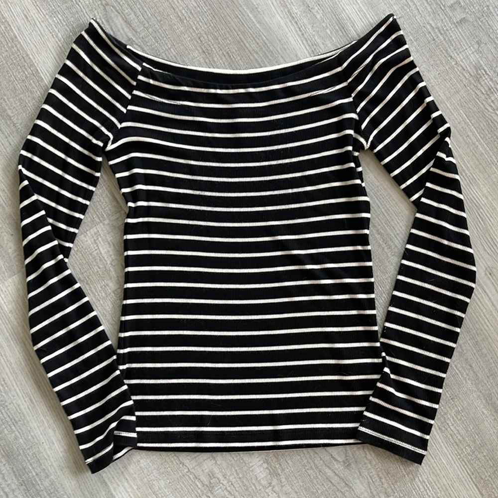 Capria Black and White Striped Off-the-Shoulder Top